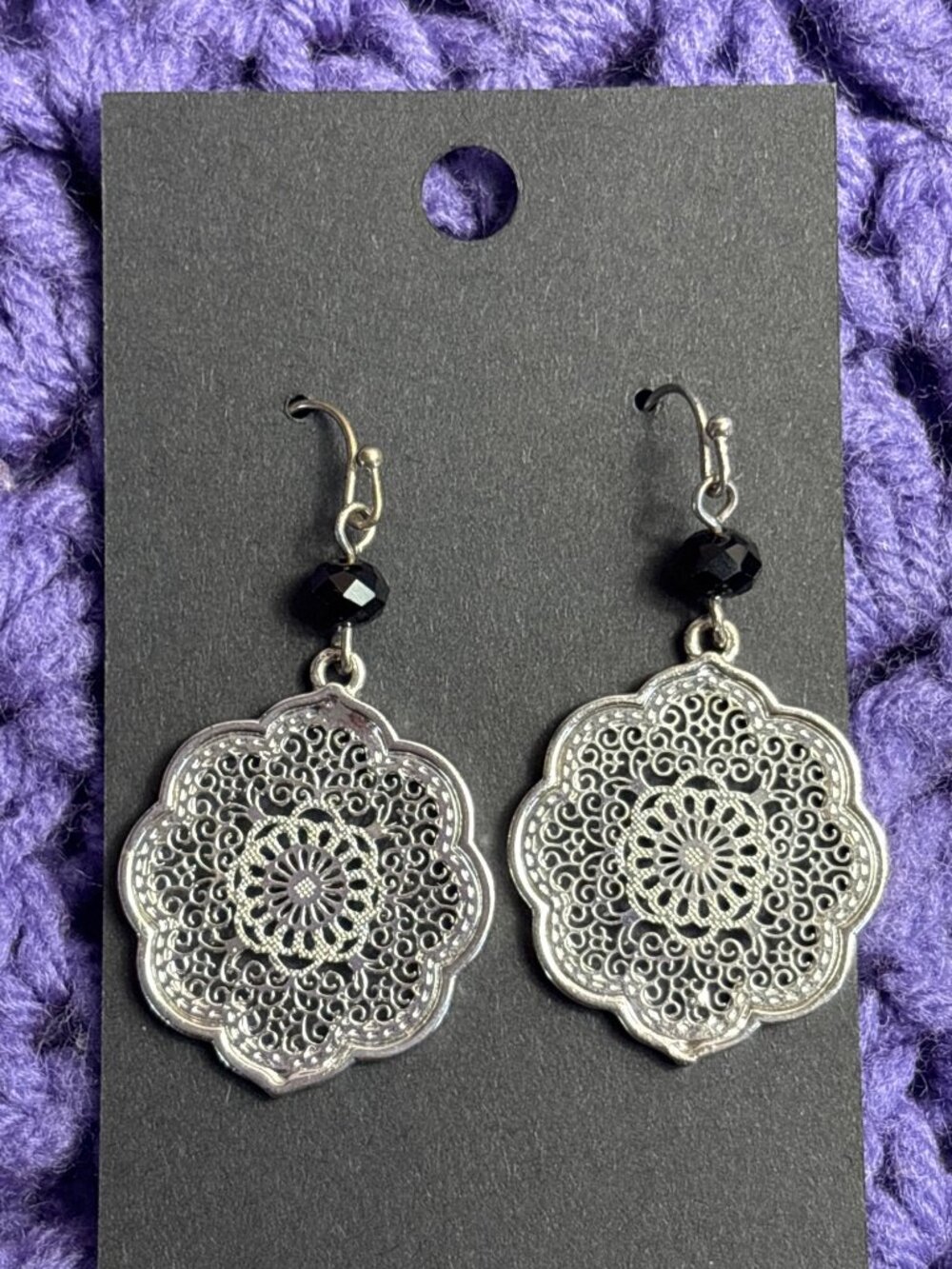 Retro Silvertone Lace Filigree Doily Dangle Earrings Black Bead 1.5 inches
